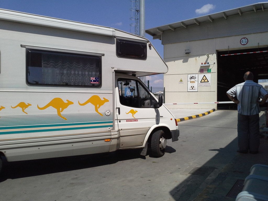 The motorhome about to be x-rayed on the Turkish border.