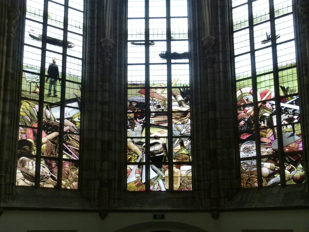 Modern stain glass window depicting the guilds of Dordrecht.