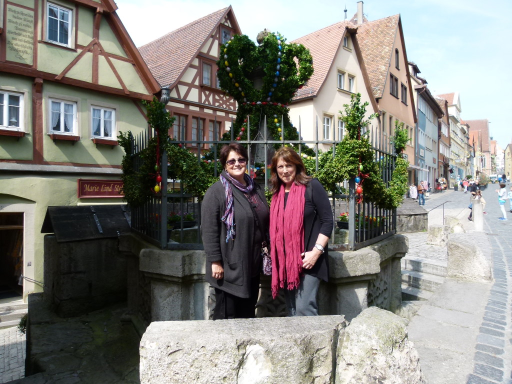 Jenny and Lori in front of the Easter decorations on the main street.