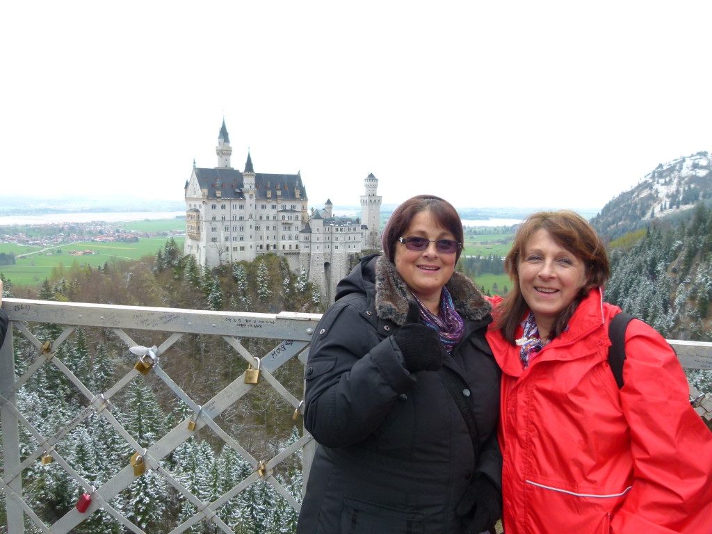 Jenny and Lori on the bridge with the castle in the background.