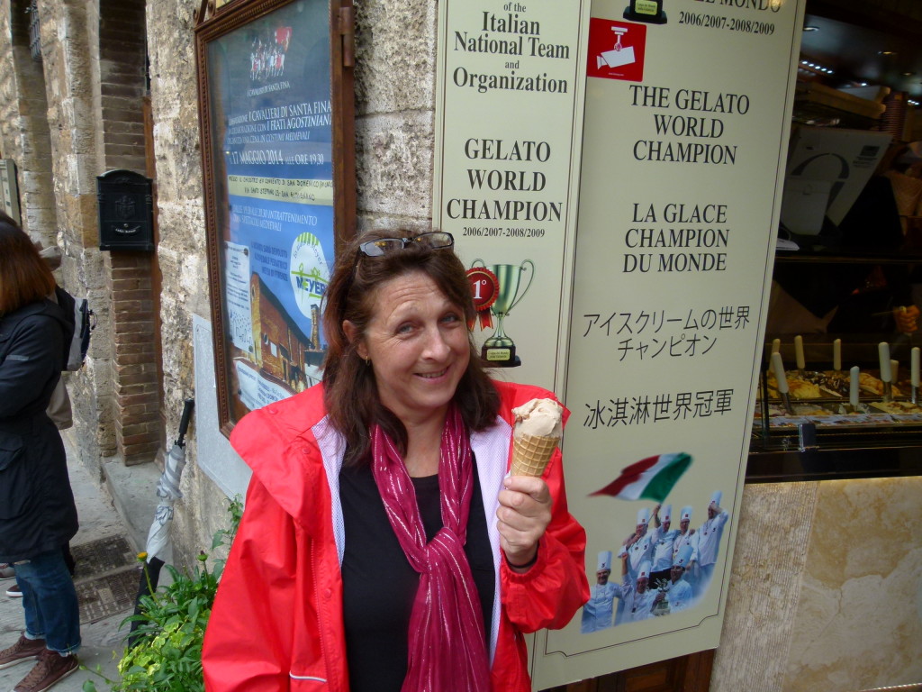 Lori eating a gelati from a world record shop.