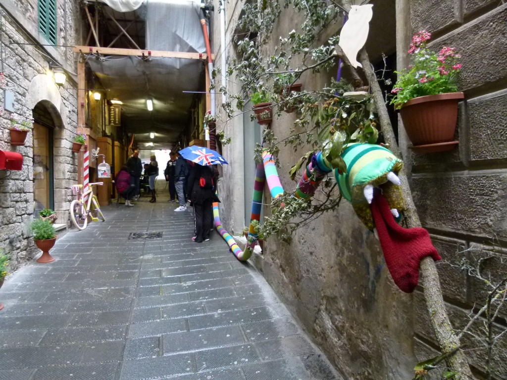 In the laneway a snake and a bike covered in wool.