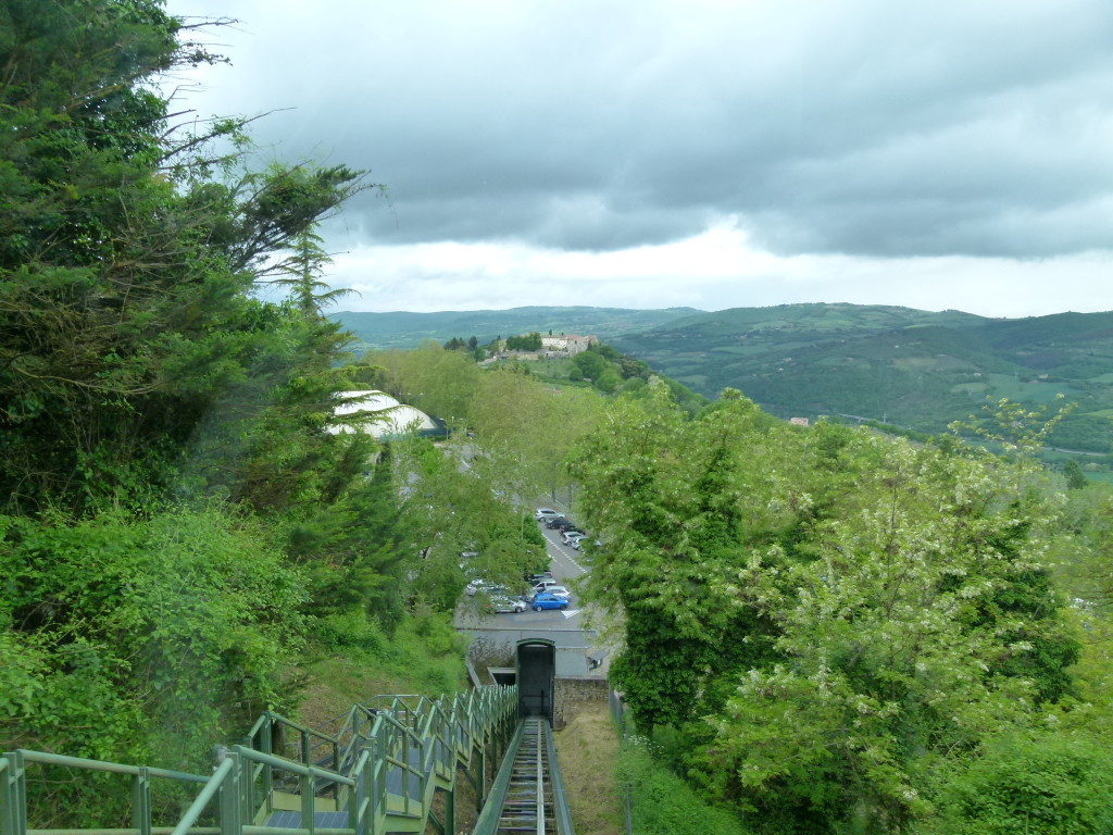 As we were going down the funicular in Todi.