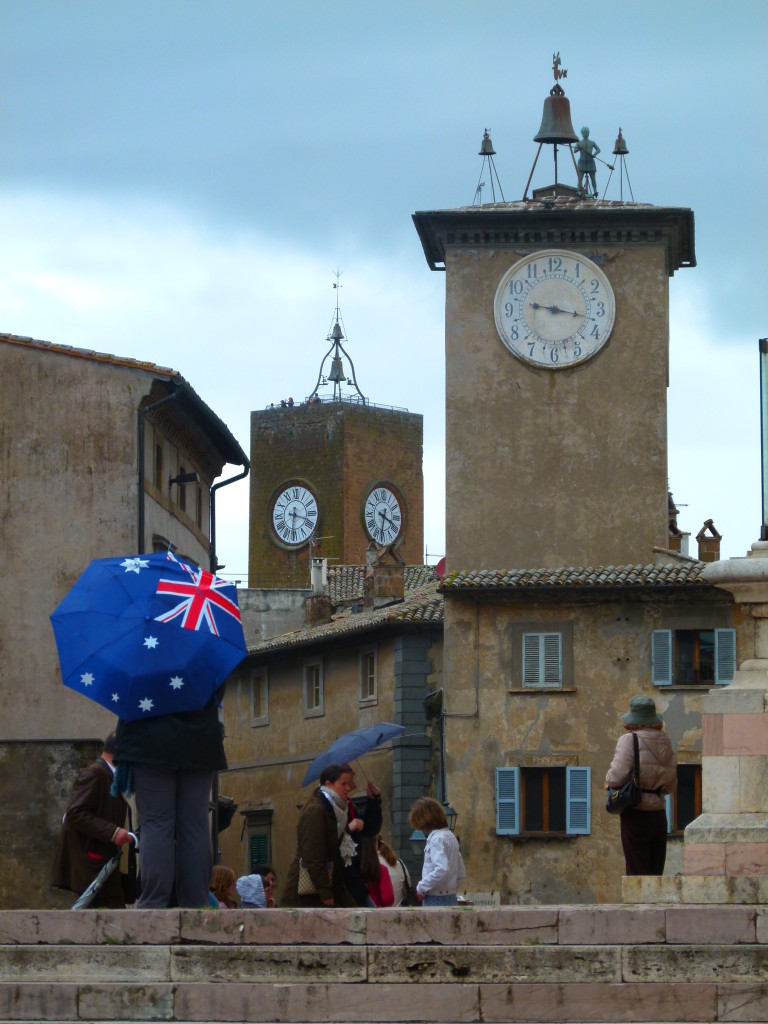 The main town square with a picture of the towers. As you can see it was a rainy day.