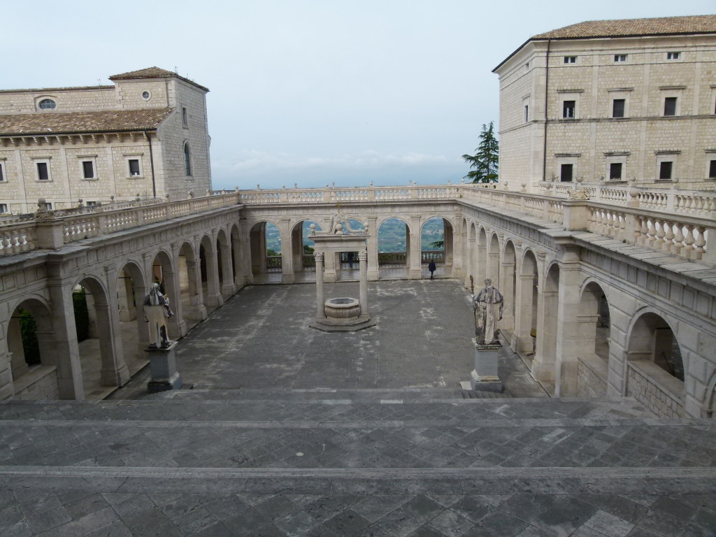 Montecassino. View from some steps onto the courtyard. The morning was not clear bu the you could see for miles