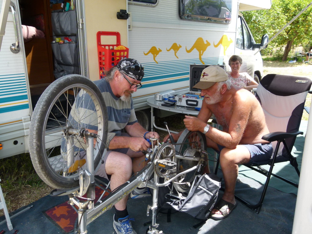 Ewout and Clyde doing some bike repairs.