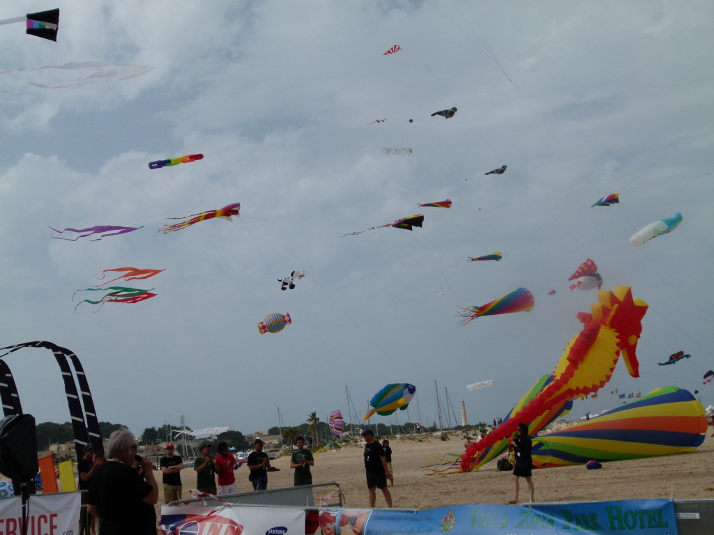 The sky full of colour as the kites fill the beach site.