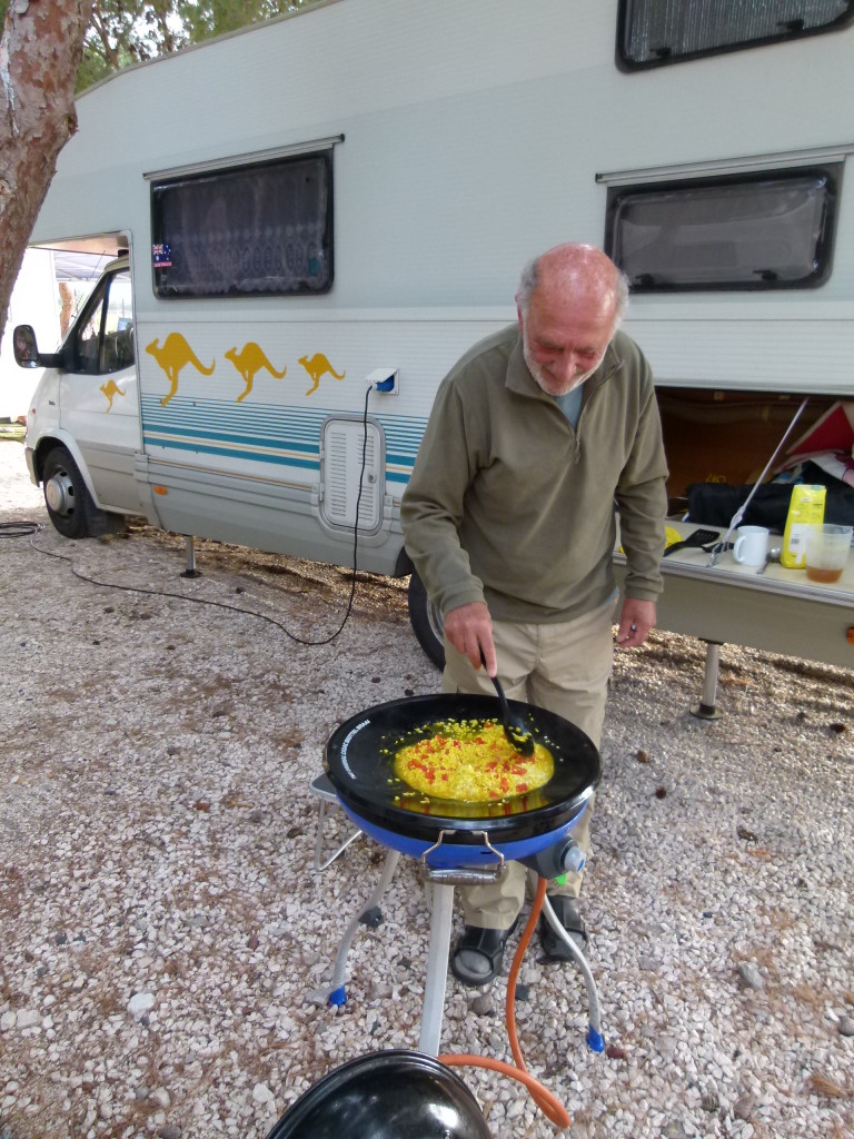 Clyde the master chef cooking paella for our evening meal. Very delicious. 