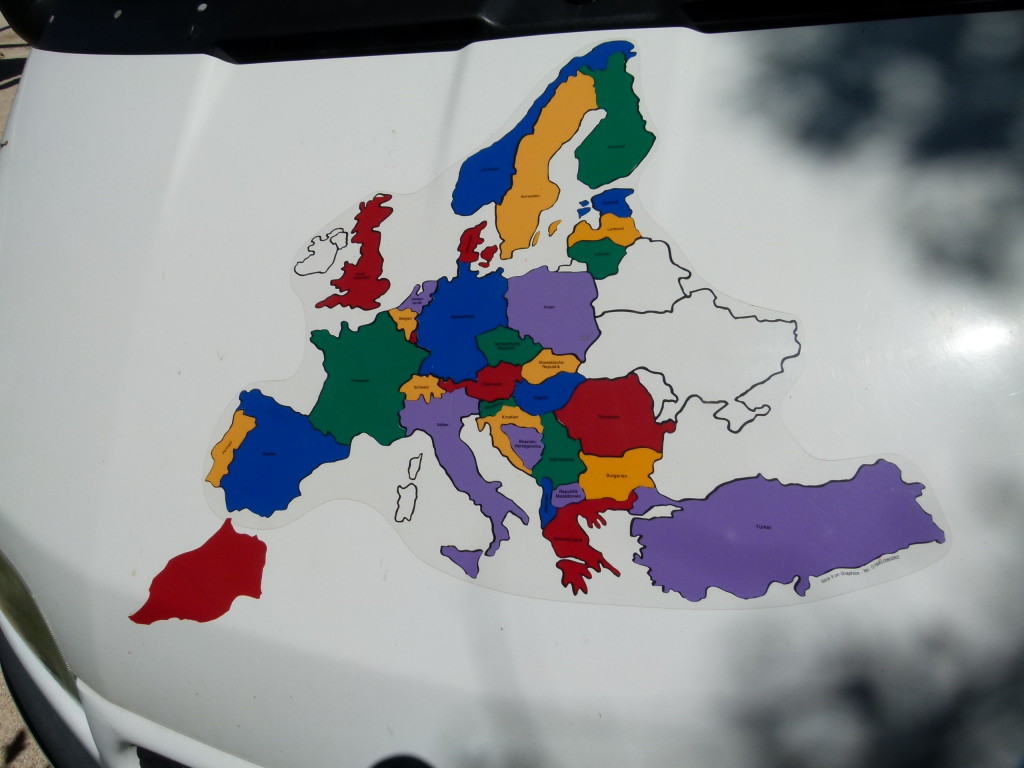 Our map of Europe on the front of our motorhome. We nearly have it all filled in. Some parts may be difficult.