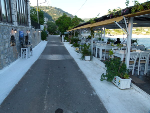 This is road to the free parking spot. You drive right past the taverna. This is not a one way.