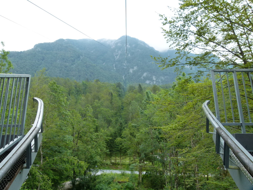 View to the top of the hill in the cable car.