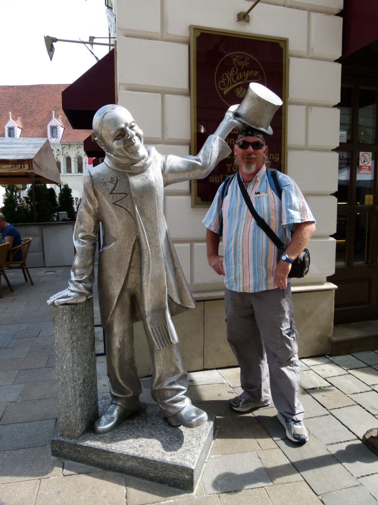 Here is Ewout with the statue of Schone Naci he was a man who was a fixture of Bratislava and was always friendly to people.