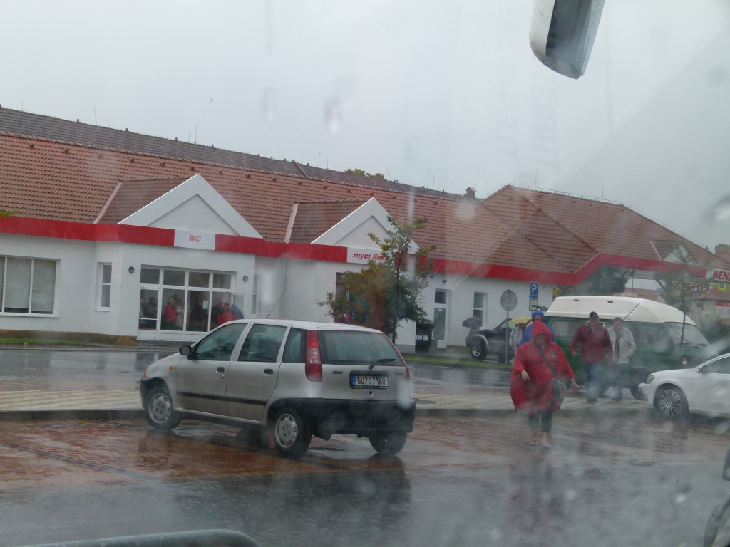 while we sit in the camper having lunch, the rain pours down.