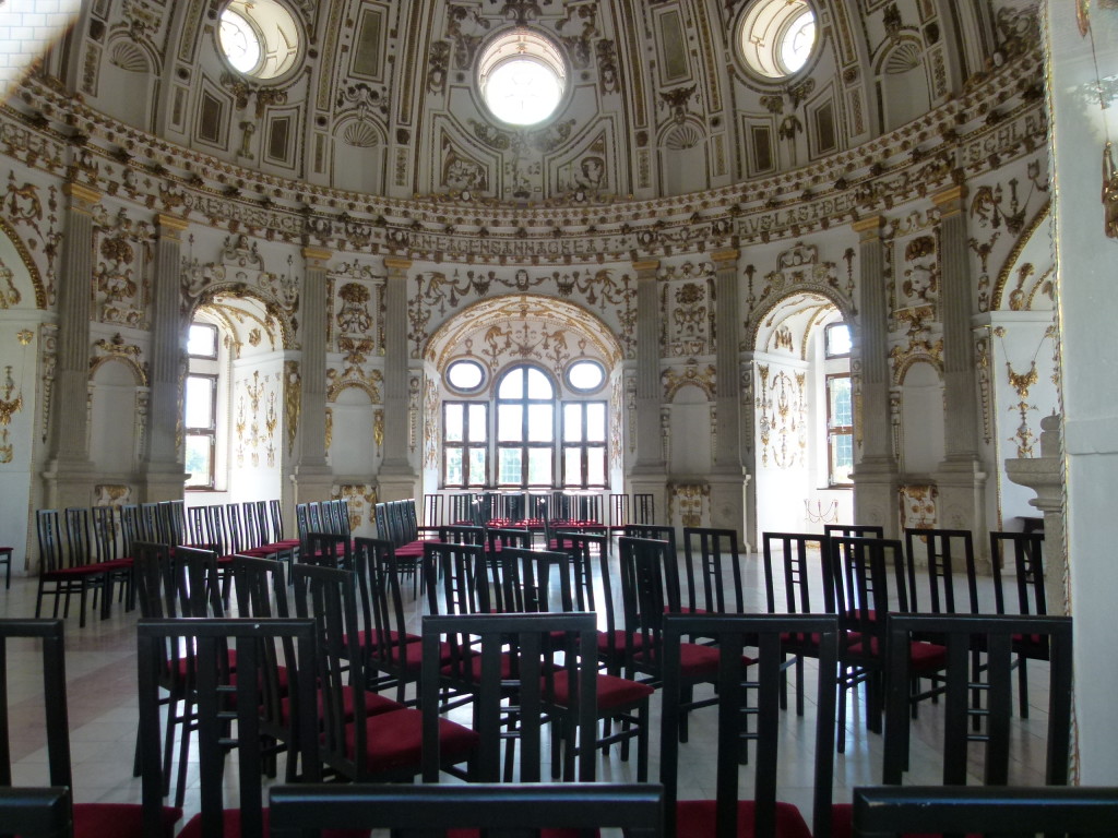 photo through the window, inside the chapel, used for concerts and weddings