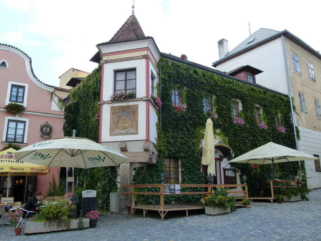 lovely streetscape with the cafe covered in ivy