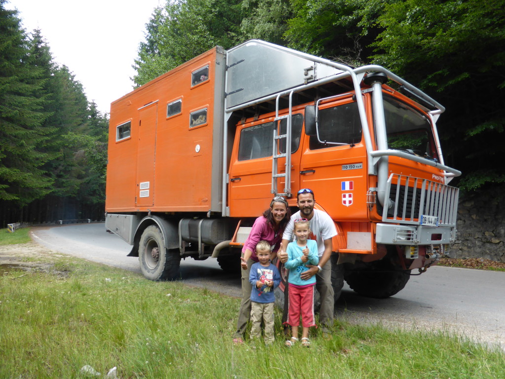 We met Aurelle, Charles and their children Anthony and Lou-Ann on the Transfargarasan Road in Romania. They plan to travel in South America later in 2015. The truck is a 1980 Renault that used to be a Firetruck. They converted it themselves.