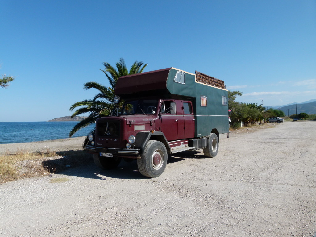 We met this German couple on a beach is Greece. It is a converted 1965 fire truck.