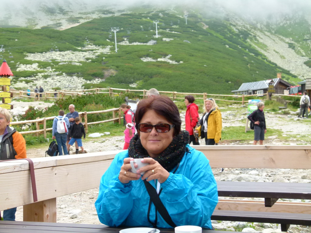 The High Tatra Mountains in Slovakia. It was cold and Jenny is enjoying a hot coffee. 