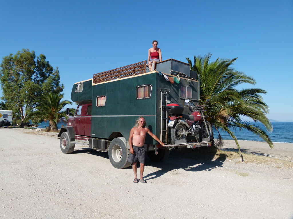 One of the motorhomes in our new page,"Not your average motorhome". This photo was taken in Greece and if features a German couple in there converted fire truck, complete with top patio area.