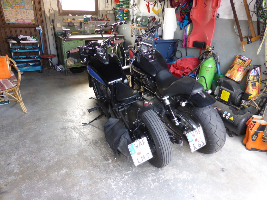 Boys and there toys. Manfred and Leo's motorbikes. manfred's is a Harley and Leo's is self built.