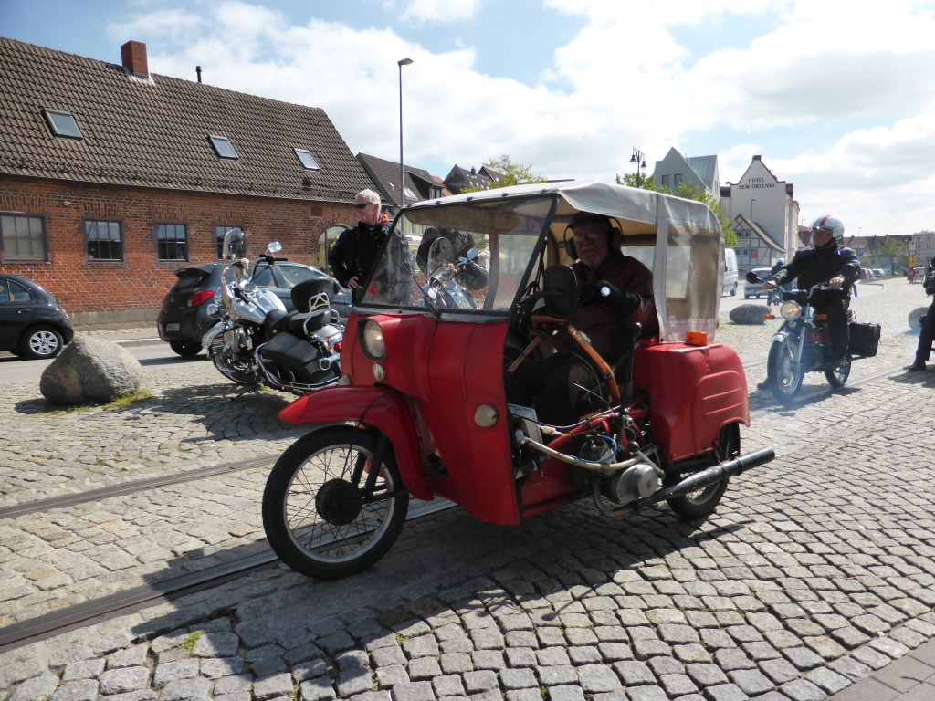 The harbour and streets were very busy in Wismar. There were several of these enclosed old-timer scooters on parade.