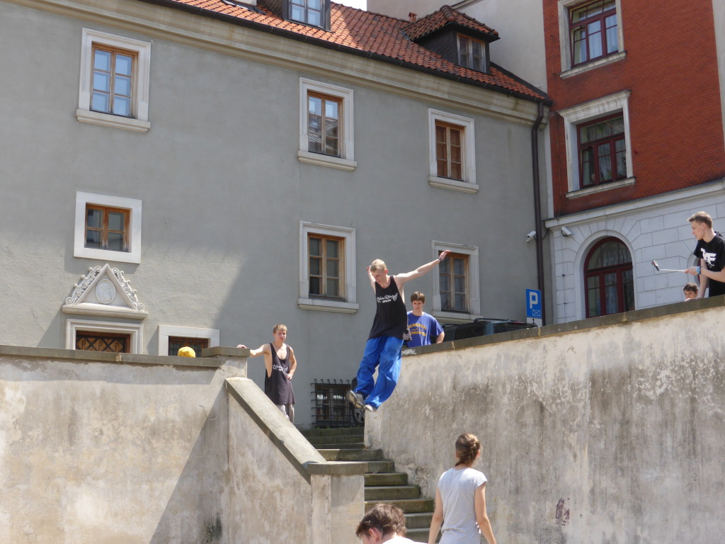 The lads were practicing their parcour.  