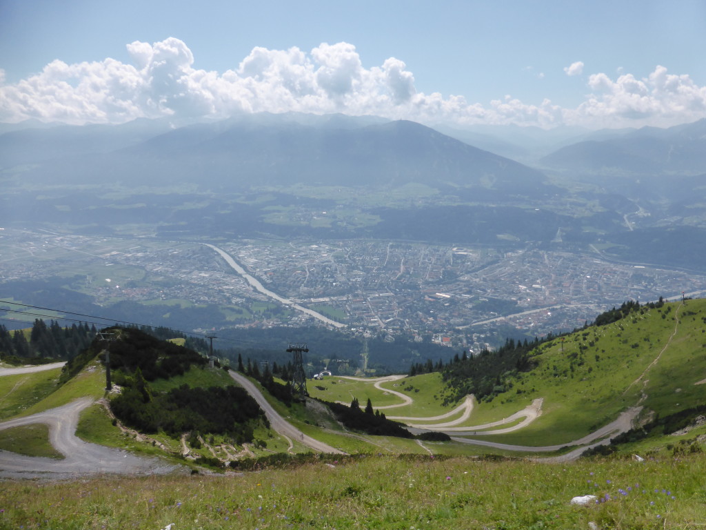 On the way down the clouds did clear enough to take a photo with Innsbruck in the background, although a bit hazy. 