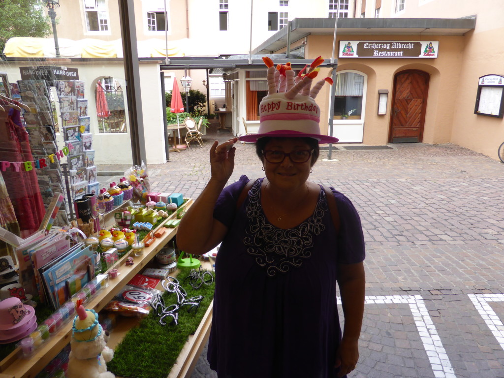 Jenny trying on the birthday hat.